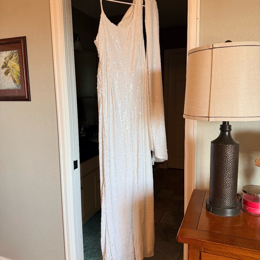 Boo Hoo White Sequin Jumpsuit, wedding, galas, party, pageant